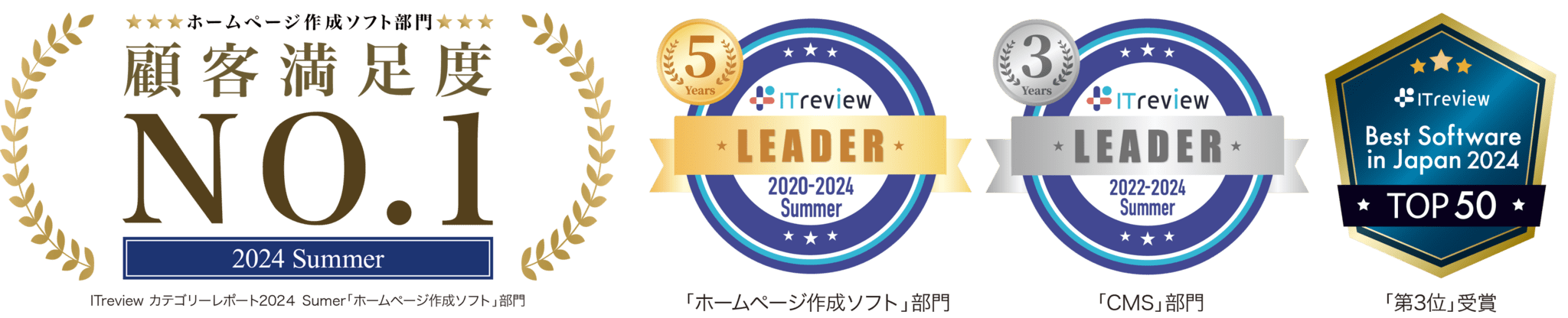 「ITreview」において、ホームページ作成ソフト部門で顧客満足度NO.1や、「ITreview Best Software in Japan 2024」でTOP50に選出され、第3位を獲得しました。